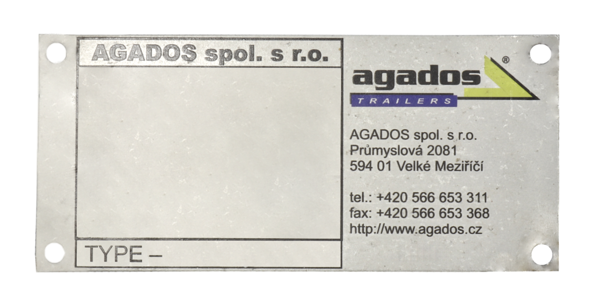 Originální výrobní štítek na přívěsy AGADOS