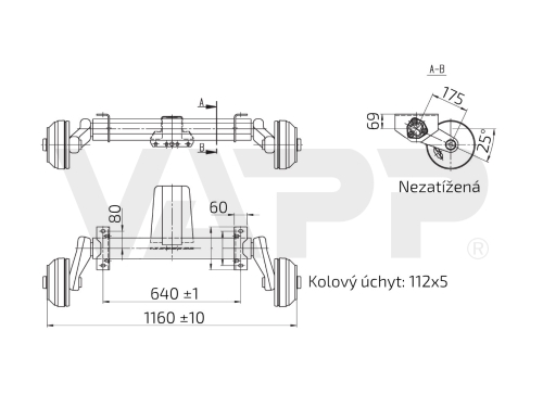 Náprava AL-KO Plus B 1000-3 (1000 kg) a=640 mm, c=1160 mm, 2051, 112x5, drž. oje