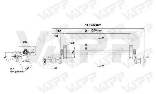 Náprava KNOTT VG 7 (750 kg) b=1500 mm, c=1930 mm, 100x4, patky 55