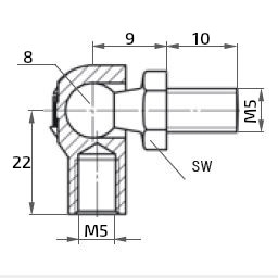 Kulový kloub k plynové vzpěře M5x10 (c=22mm), pro závit M5