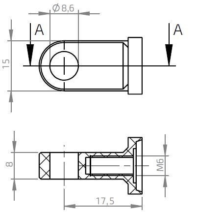 Oko k plynové vzpěře BM, pr. 8,6mm, c=17,5mm, pro závit M6, alu