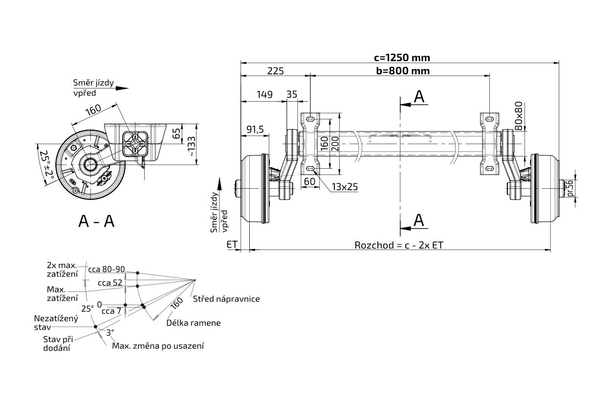 Náprava KNOTT VGB 13 (1350 kg) b= 800 mm, c=1250 mm, 200x50, 112x5