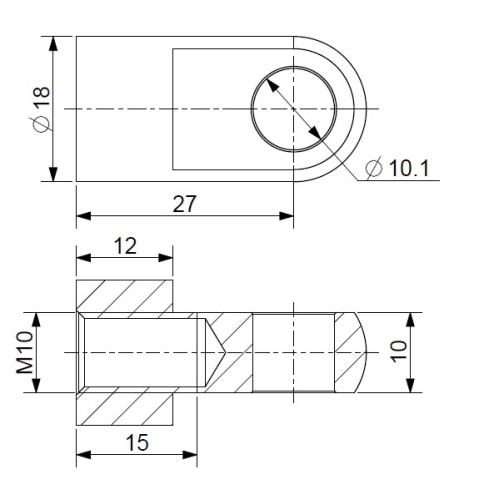 Oko k plynové vzpěře BM, pr. 10,1mm, c=27mm, pro závit M10, ocel