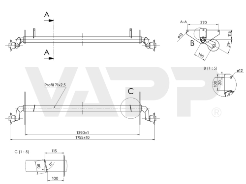 Náprava AL-KO UBR 700-5 (750 kg) a=1390 mm, c=1755 mm, 100x4, patky 115, úchyty oje