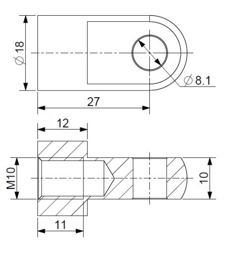 Oko k plynové vzpěře BM, pr. 8,1mm, c=27mm, pro závit M10, ocel