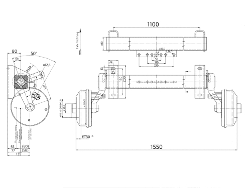 Náprava BPW CB 1505 (1500kg), a=1100mm, c=1550mm