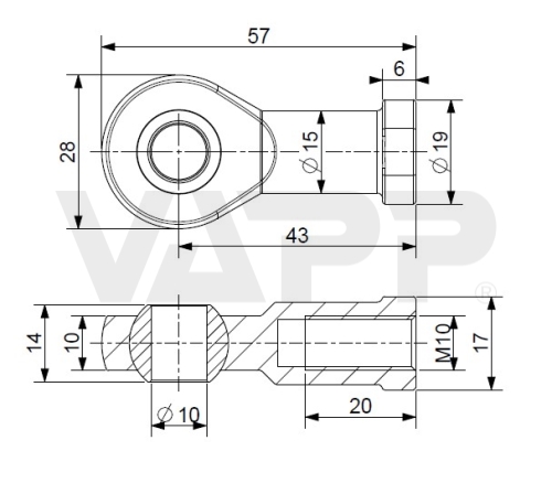 Oko k plynové vzpěře BM, pr. 10 mm, c=43 mm, pro závit M10, ocel