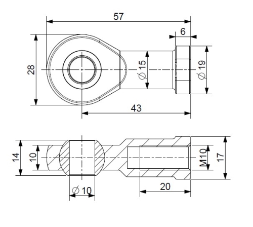 Oko k plynové vzpěře BM, pr. 10mm, c=43mm, pro závit M10, ocel