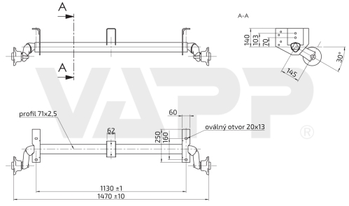 Náprava AL-KO UBR  700-5 (750 kg) a=1130 mm, c=1470 mm, 100x4, patky 140 ven