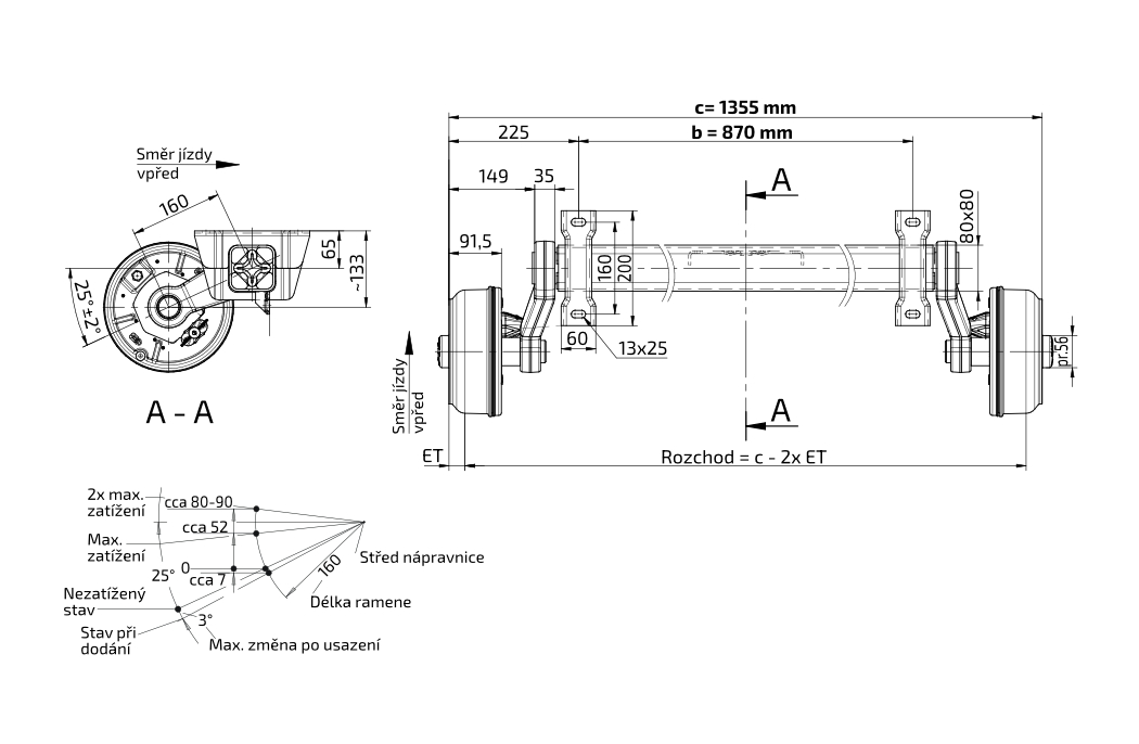 Náprava KNOTT VGB 13 (1350 kg) b= 870 mm, c=1355 mm, 200x50, 100x4