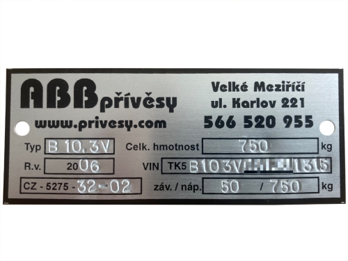 Originální výrobní štítek na přívěsy ABB přívěsy