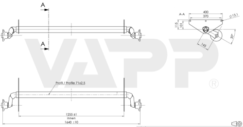 Náprava AL-KO UBR  700-5 (750 kg) a=1255 mm, c=1640 mm, 100x4, patky 115 (Maro)