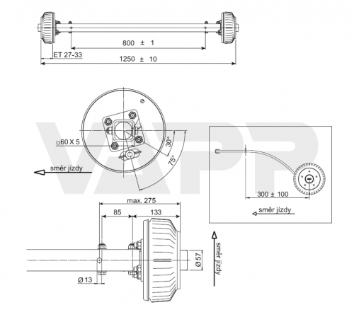 Náprava AL-KO Starr Plus BS (1500kg) a= 800 mm, c=1250 mm, 2051Ab, 112x5