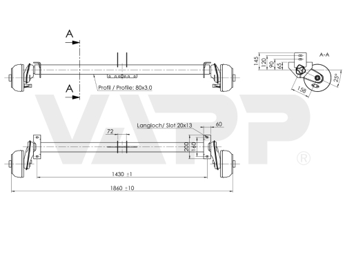 Náprava AL-KO B 850-10 (1000 kg) a=1430 mm, c=1860 mm, 2051, 100x4, navářka na oj